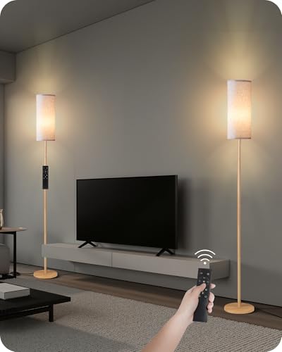 2 Pack Wooden Textured Pole Lamps, Dimmable Floor Lamp for Living Room with Remote and Foot Switch, 64.4” Standing Tall Lamp, Corner Light for Bedroom, Bulb Included, 3000K-6500K, XE06LDP205W1 - color: 2 PACK Beige and Wooden