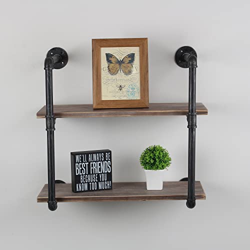 MBQQ Industrial Pipe Shelving Wall Mounted,24in Rustic Metal Floating Shelves,Steampunk Real Wood Book Shelves,Wall Shelf Unit Bookshelf Hanging Wall Shelves,Farmhouse Kitchen Bar Shelving(2 Tier) - color: 2-layer, size: 24in