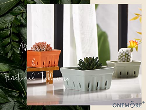 ONEMORE Ceramic Berry Basket, Square Fruit Bowls, Rustic Stoneware Berry Colander Set of 2, 5.7 inch, Gray & Light Green - color: Gray & Light Green