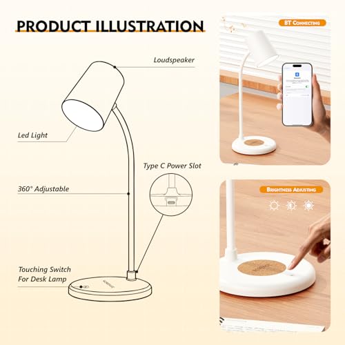 LED Desk Lamp with Speaker 3 Light Colors,Small Desk lamp - color: White