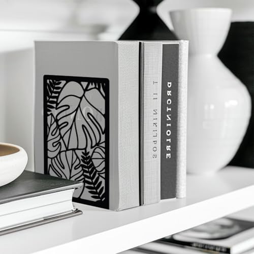 Peacoblue 5.3"x4.3"x7.9" Metal Bookends, Heavy Duty Book Ends for Shelves - color: Tropical Monstera Deliciosa Leaves