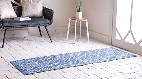 Unique Loom Outdoor Trellis Collection Area Rug - Tribal Trellis (2' x 6' 1" Runner, Blue/ Ivory) - color: Blue/Ivory, size: 2' x 6'1" (Runner)