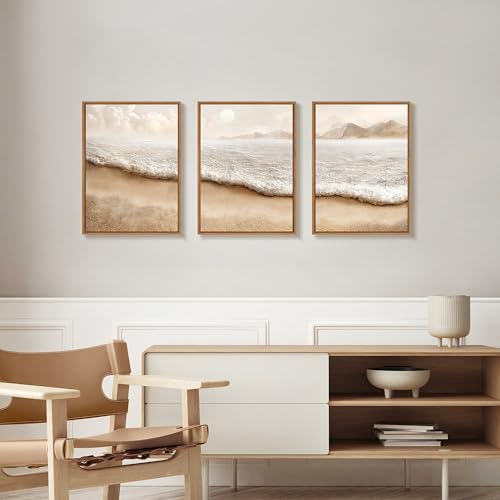 3 Pcs Abstract Beach Coastal Ocean Framed Canvas Wall Art Prints 12"x16" - color: Abstract Beach Coastal Scenery, size: 12"x16"x3Pcs