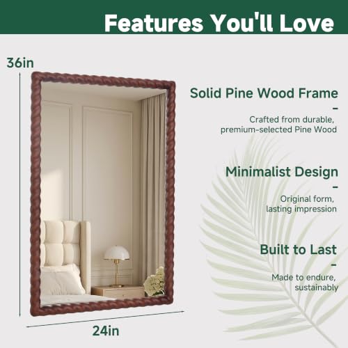 36"x24" Rectangular Solid Wood Farmhouse Decorative Wall Mirror - color: Walnut Color, size: 36"L x 24"W