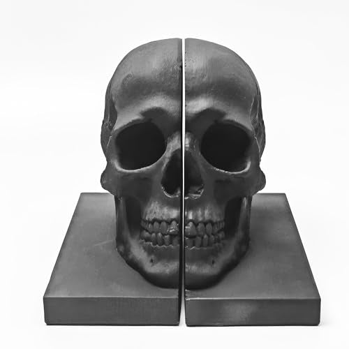 Heavy Duty Resin Skull Bookends, Gothic Shelf Desk Decor (Black)