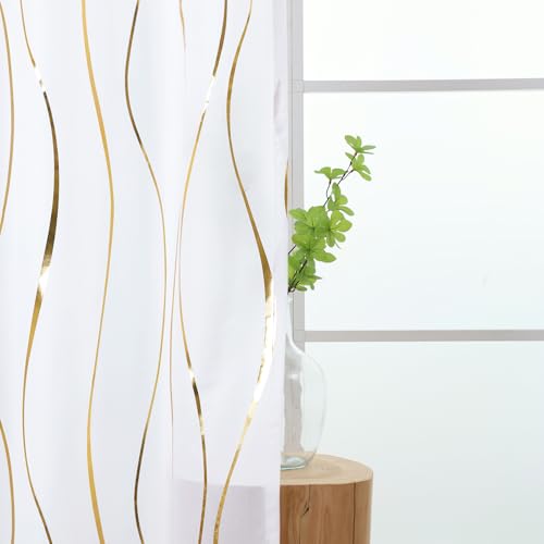 L.Z.E White Privacy Curtains 96 Inches Long 2 Panels Set, Light Filtering Non-See-Through Curtains & Drapes for Living Room Bedroom Nursery, Elegant Gold Wave Pattern Grommet Top Window Treatment - color: (100g/㎡- Grommet ) Gold Wave, size: 55"W x 96"L (P
