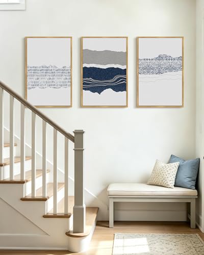 PHOPAGO Navy Blue Abstract Shapes Framed Wall Art 16x24in Natural Frame - color: Cyan Mid Century, size: 24L" x 16W" x 3 Pcs Natural