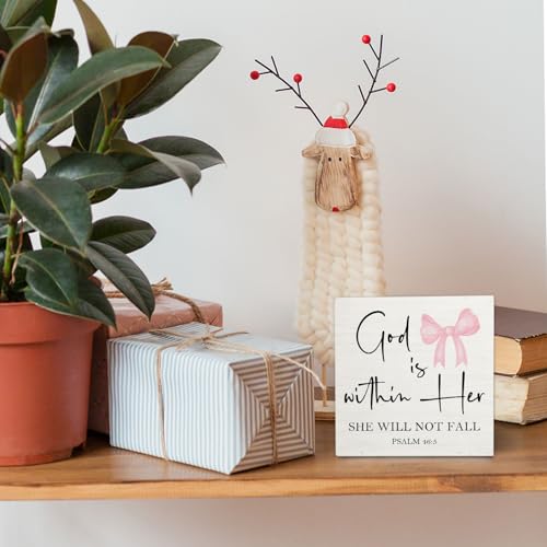 Pink Coquette Christian Bow Wooden Signs,Bible Verse Pink Bow Wooden Box Sign,Coquette Room Decor,God Is Within Her Decor For Wedding Desk Tabletop Shelf Decoration 5x5 Inches - color: Bow4