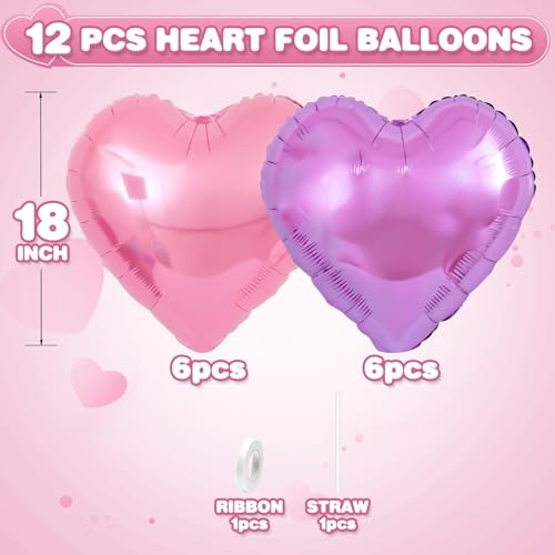 Pink Purple Heart Foil Balloons, 12Pcs 18Inch Heart Shaped Balloons - color: Pink Purple