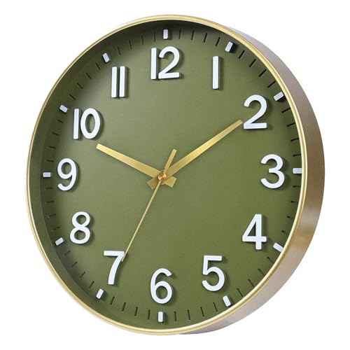 10 Inch Wall Clock Battery Operated Silent Non Ticking Clock Green Gold Modern Round Wall Clock with 3D Numbers Decorative for Kitchen Bedroom Living Room Office Classroom - color: Olive Green, size: 10 inch