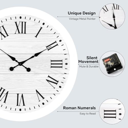 Large Wall Clock with Roman Numeral, 28” Shiplap Farmhouse Clock - color: White, size: 28 Inch