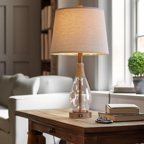 OYEARS 2 in 1 Bedside Table Lamps Set of 2, Farmhouse Glass Lamp, Wood-Like - color: Wood-Like