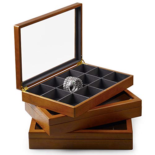 Oirlv 12 Grids Vintage Solid Wood Jewelry Box Microfiber Lining Earrings Bracelets Necklace Storage Jewelry Drawer Organizer Tray with Lid - size: Grey 12 Grids Box
