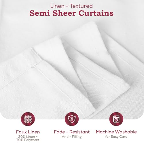 Mayfair Linen 3 Ply White Linen Curtains 72 Inch Length 2 Panels Set - Bedroom Living Room Curtains 72 Inches Long, Rod Pocket Back Tab Textured Window Drapes Semi Sheer Light Filtering Panel (White)