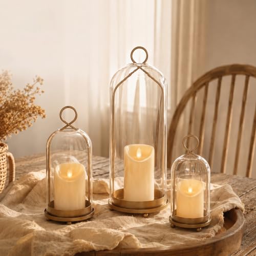 15", 9" & 7" Hurricane Candle Holders Set of 3, Gold & Glass - color: Gold