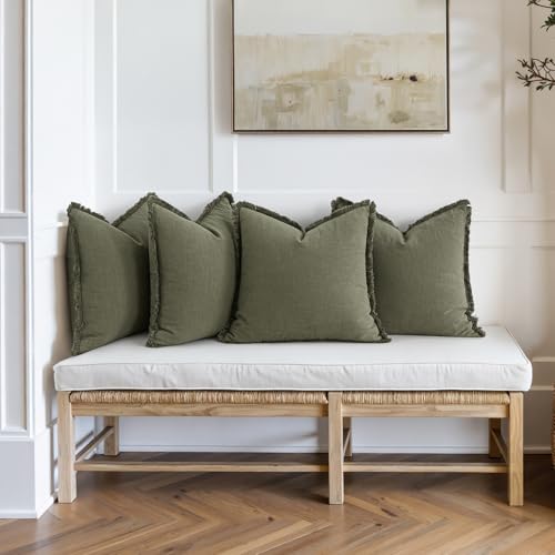 MIULEE Fall Linen Fringe Pillow Covers Set of 4 18x18 Olive Green - color: Olive Green, size: 18" x 18" (Pack of 4)