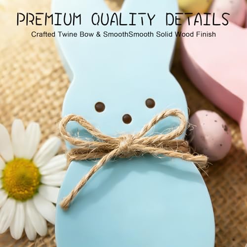 Easter Spring Decorations for Home – 4 Pcs Wooden Bunny Table Decor, Wood Rabbit Tabletop Signs with Jute Bows for Tiered Tray Mantel Shelf Office Easter Party Supplies