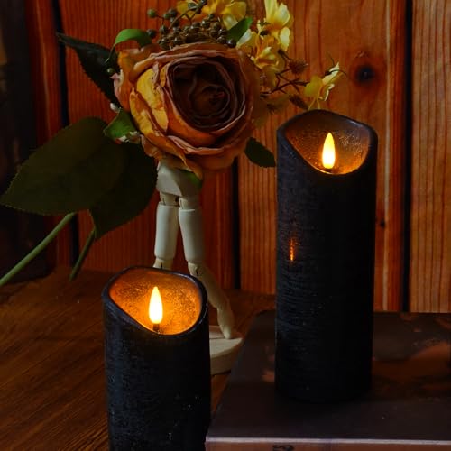 Nimiko Flickering Flameless Candles with Remote Control and Timer Set of 5 Pc Real Wax LED Pillar Candles, Battery Operated Candles(D2.2×H5/5.5"/6"/7"/8") Home Decor Flameless Candles(Black) - color: True wax black