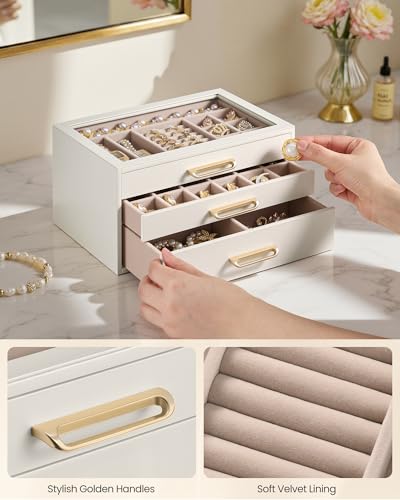 SONGMICS 3-Layer Jewelry Box with Glass Window, 3 Drawers, Golden Handles - color: Cream White, size: 3-Tier