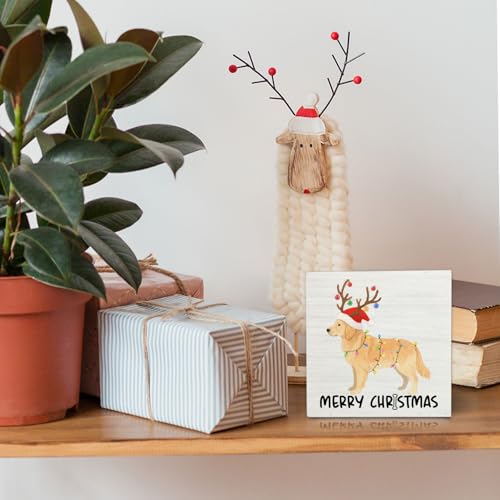 Golden Retriever Merry Christmas Wooden Box Sign Desk Decor, Gifts for Golden Retriever Lovers, Christmas Dog Wood Block Sign for Home Office Desk Table Shelf Wall Decorations, 5x5 Inch - color: Golden Retriever
