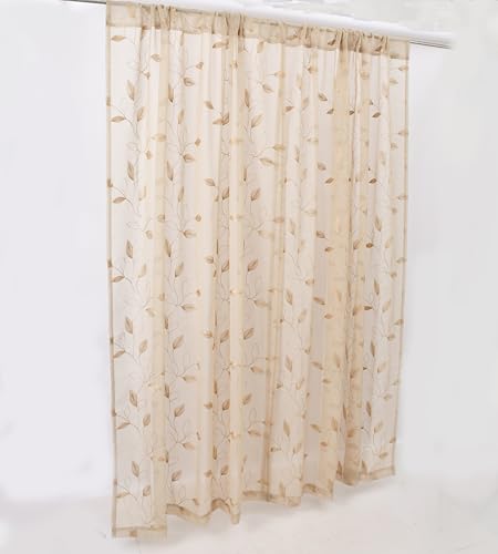 Elegant Sheer Curtains with Embroidered Leaf Design Spring Floral Curtains for Bedroom Light Filtering Rod Pocket Window Treatments Decor 2 Panels (Beige, 52inch*63inch(132cm*160cm)) - color: Beige, size: 52"W x 63"L