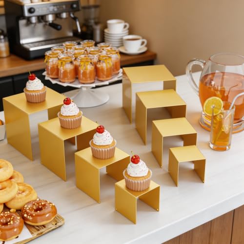 Display Stand & Risers, 8 Pcs Set Metal Rectangular Cupcake Stands - color: Gold, size: 3", 4", 5", 6"