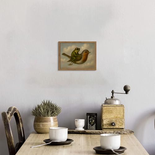 Vintage Frog Riding Bird Framed Wall Art, Whimsical Aviator Frog Oil Painting Print with Wood Frame, Antique Cottagecore Animal Picture Wall Decor for Living Room Bedroom Nursery 8x10 inch - color: Frog Riding a Bird, size: 10"L x 8"W