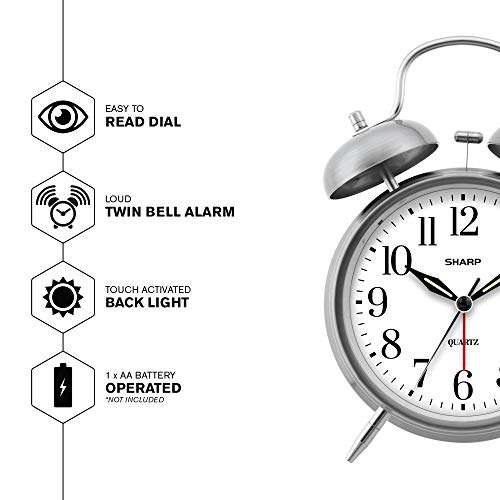 Sharp Twin Bell Alarm Clock - Loud Alarm - Great for Heavy Sleepers - Battery Operated Quartz Analog Clock (Brushed Silver) - color: Brushed Silver