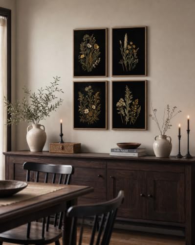 InSimSea Framed Botanical Wall Art, 4 Piece Moody Wildflower Prints - color: Dark Flora Triptych