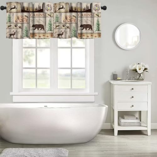 Rustic Cabin Valance Curtain, Lake Country Lodge Bear Deer Forest Farmhouse Camp Woodland Brown Blackout Short Window Curtain for Bedroom Living Room Kitchen,54x18in - color: Bear-10