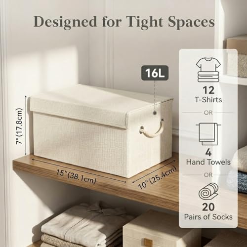 2-Pack Storage Bins with Lids, 16L Fabric Storage Cubes with Lids, Decorative Storage Boxes with Soft Rope Handles, Foldable Stackable Storage Baskets for Closet, Organizing Box - Beige