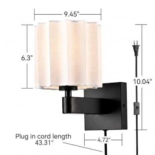 Plug in Black Wall Sconce Mid Century Modern Pleated Linen Shade - color: Black