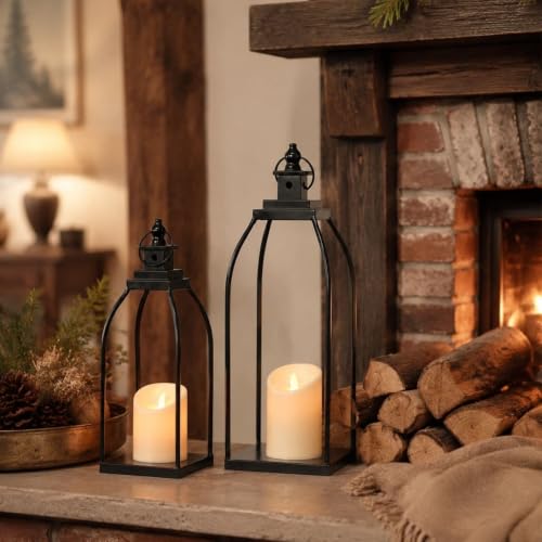 Decorative Candle Lanterns Set of 2, Black Metal for Indoor & Outdoor - size: 14+17in