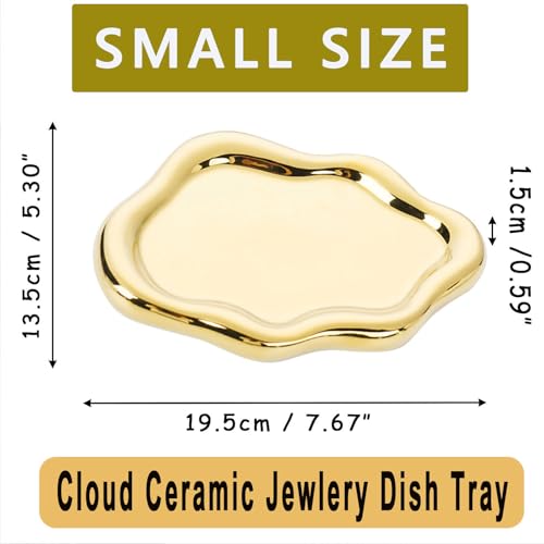 Jewelry Tray for Women, Cloud Shape Ceramic Trinket Dish, Jewelry Organizer Storage Holder for Ring Earring Bracelet Necklace, Make Up Organizer (White) (Gold) - color: Gold