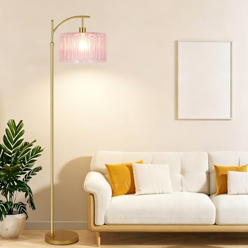 QIYIZM Pink Floor Lamp for Living Room,Bedroom,Gold Dimmable Standing Lamp with Remote,Mid Century Modern Brass Tall Lamp Boho Floor Lamps Arc Stained Glass Flower Floor Light Lamp Girls kids Bohemian - size: Floor Lamp--10