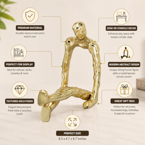 Abstract Gold Sitting Human Figurine, Decorative Sculpture with Textured Gold Finish, Modern Metallic Small Gold Art Statue for Home Office Gold Figurines Home Decor Shelf Display, 8.3x4.7x8.7 Inches