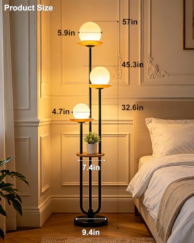 Lightdot 3-Globe Floor Lamp Dimmable with Green Glass Tray Black Floor Lamp - color: Amber-3U Black