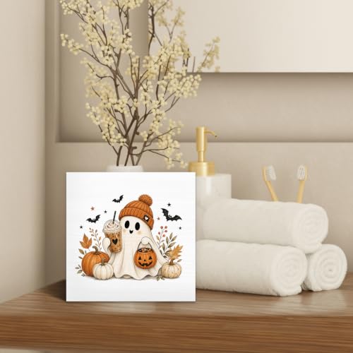 Halloween Fall Ghost Coffee Pumpkin Wood Box Sign Desk Decor 5X5 - color: Cozy Ghost