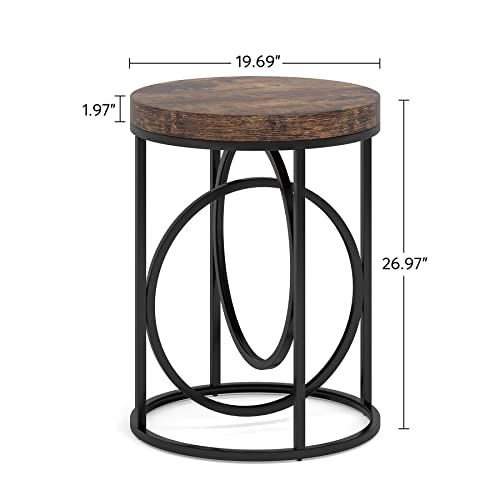 LITTLE TREE 20” Round End Table with Thick Wood Top,Modern Sofa Side Table with Gold O-Shaped Base, Midcentury Accent Table Cocktail Table Nightstand for Living Room Bedroom - color: Rustic Brown+black