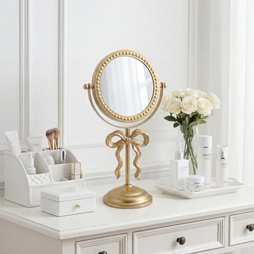 Novabright 7" Golden Bow Vanity Mirror, Swivel Makeup Mirror Stable Base
