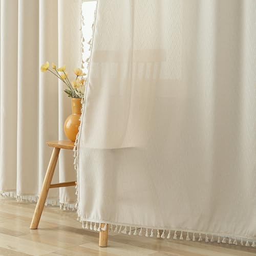 Farmhouse Curtains Tassel Fringe Geometric Design Boho Curtains 84 Inch Length 2 Panels Set, W40 x L84, Beige - color: Wave Beige, size: 40"W x 84"L (Pack of 2)