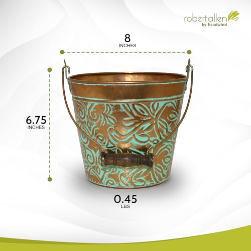 Headwind Vintage Collection - Floral Vintage Copper Planter with Handles – Small Galvanized Buckets & Metal Flower Pots, Decorative Bucket Planter with Drainage Hole for Indoor Plants & Outdoor Garden - color: Vintage Copper, size: 8"