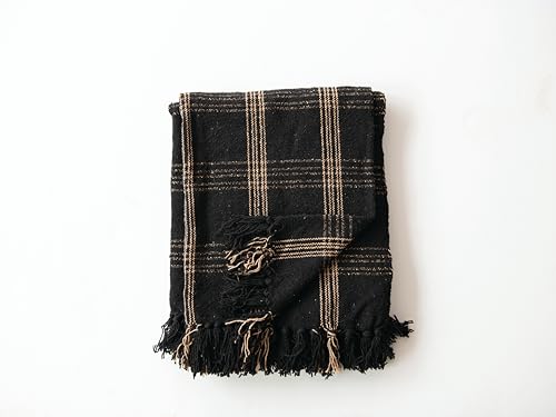 Plaid Black & Tan Fringed Woven Cotton Blend Throw - color: Black, size: One Size