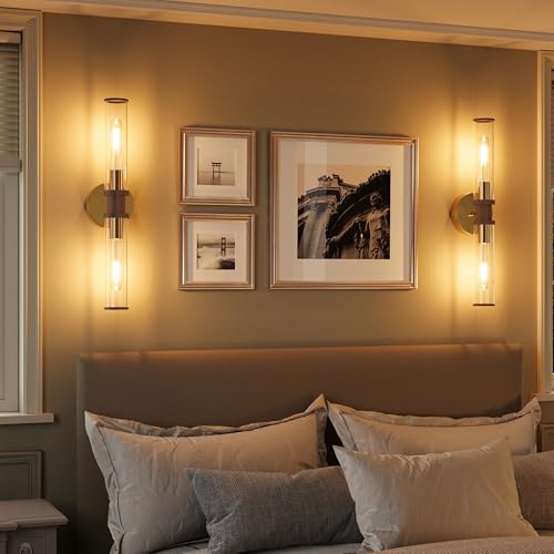 Rayogale Gold & Walnut Wireless Battery Operated Wall Sconces with Remote - color: Gold & Walnut(Clear Tubular Lampshade)