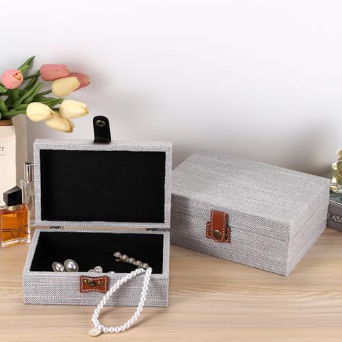 Hipiwe Jewelry Storage Box Treasure Chest Wooden Box with Linen Covered - color: Gray, size: Small