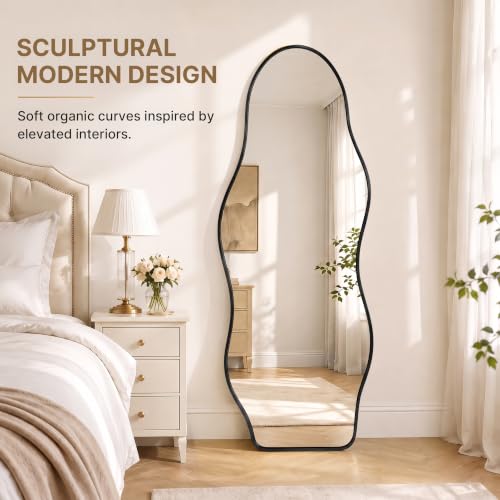 Irregular Wall Mirror Full Length with Stand, 63" x 24" Black Asymmetrical Wavy Floor Mirror, Full Body Standing Mirror, Leaning or Wall Mounted for Bedroom, Living Room & Entryway - color: Black - Squiggle
