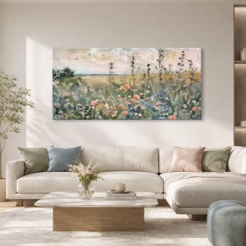OKEXCKK Vintage Flowers Canvas Wall Art, 3D Textured Landscape Wildflowers Painting, Nature Floral Picture Artwork Print for Bedroom Living Room Office Home Decor 20"x40" - color: Vintage Flowers, size: 40"L x 20"W