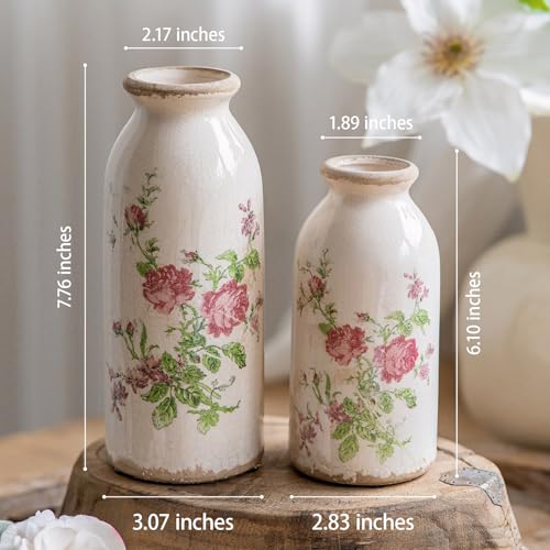 Vintage Rose-Floral Small Ceramic Vase Set, Retro Rustic Farmhouse Cute Flora Vase Gift, Art Décor for Your Home, Kitchen, Bedroom, Office, Living Room, Bathroom & Shelf Centerpiece Table Decorations - color: Pink Flora, size: set of 2