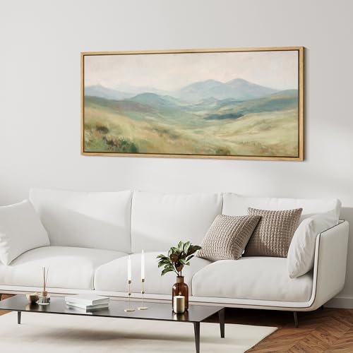MUDECOR Extra Large Framed Canvas Print Wall Art Soft Pastel Rolling Hills Peaceful Misty Landscape Illustrations Antique Retro Fine Art Illustrations Decorative Colorful for Bedroom - 60"x30" - color: AB06-2508-MAY07, size: 60"L x 30"W