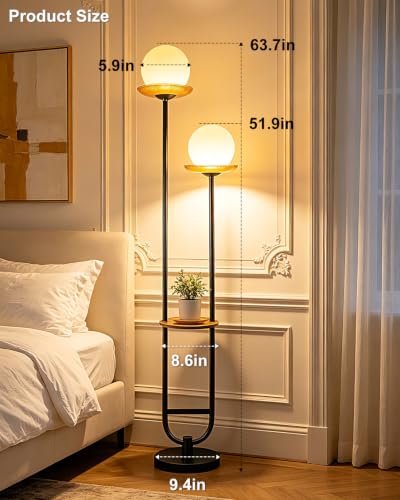 Lightdot 2-Globe Floor Lamp Dimmable with Amber Glass Tray Black Floor Lamp - color: Amber-2U Black